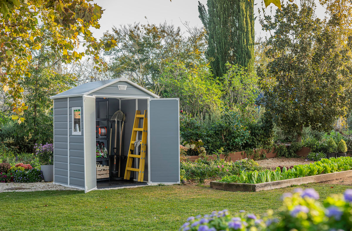 Keter Manor Outdoor Plastic Garden Storage Shed, Grey, 6 x 5 ft
