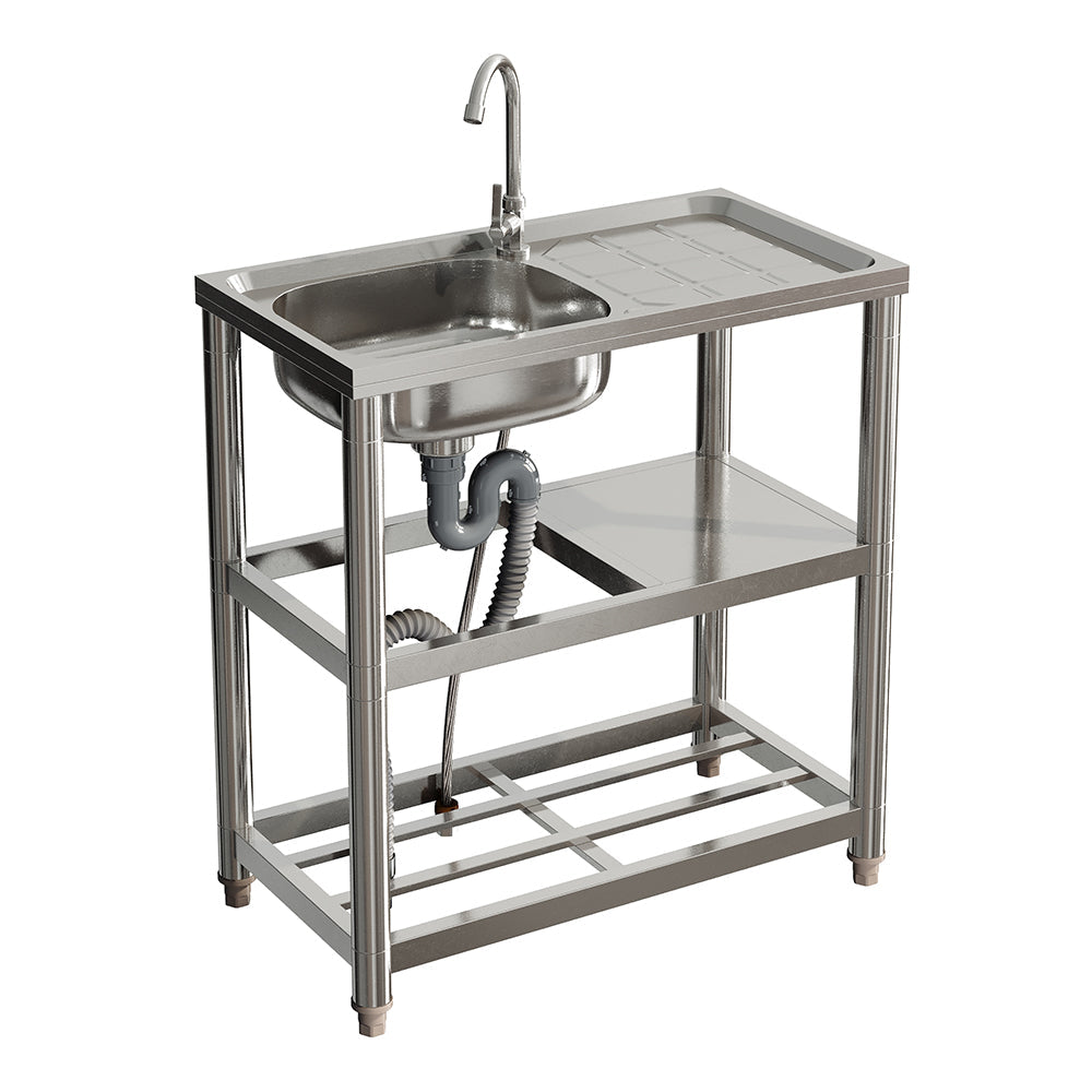 Stainless Steel One Compartment Sink with Shelves and Drainboard