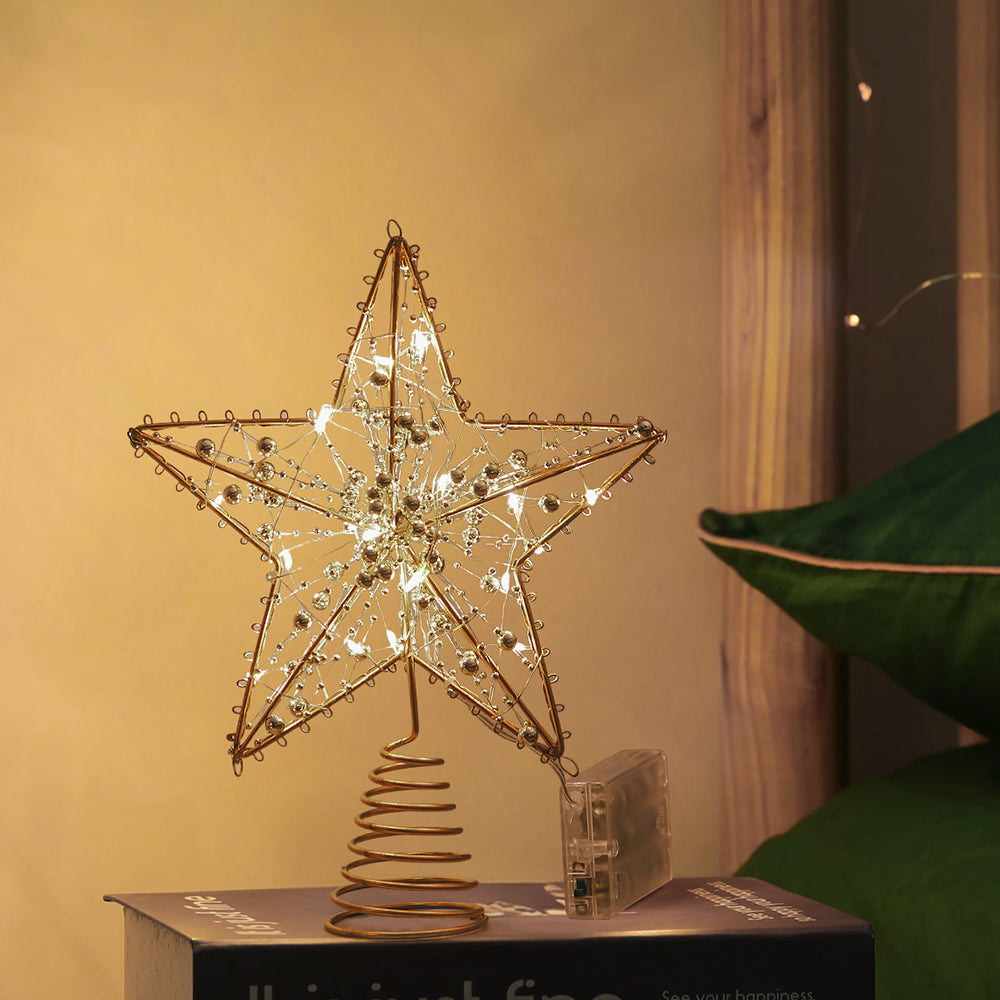 Modern Metal Pre-Lit Star Christmas Tree Topper with Beads