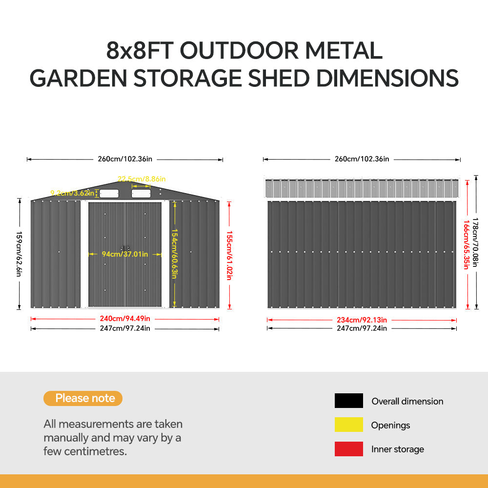 8 x 8 ft Metal Garden Storage Shed with Apex Roof & Double Doors