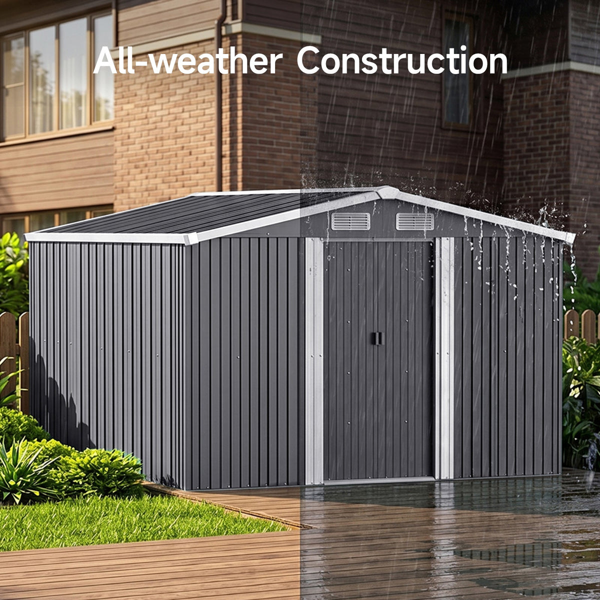 8 x 8 ft Metal Garden Storage Shed with Apex Roof & Double Doors