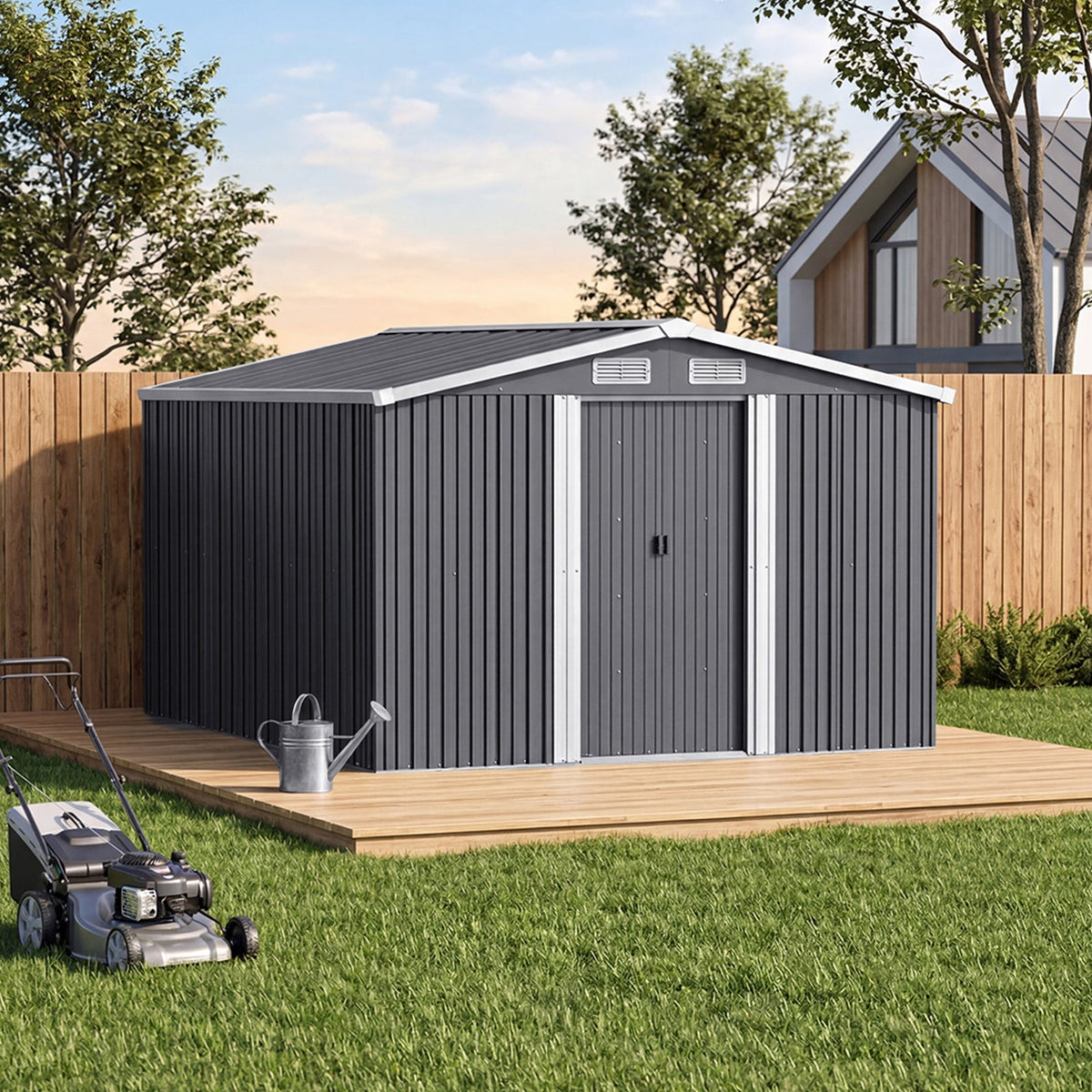 8 x 8 ft Metal Garden Storage Shed with Apex Roof & Double Doors