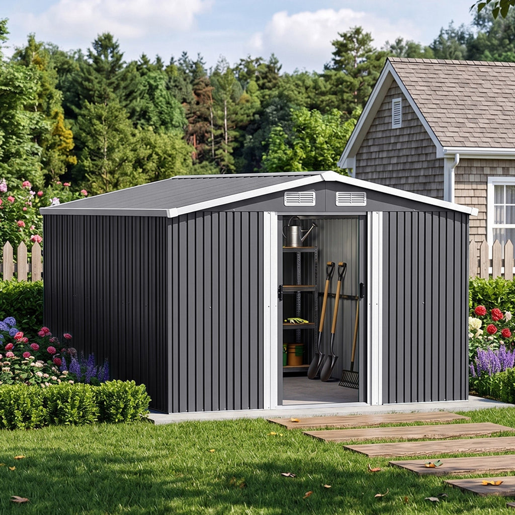 8 x 8 ft Metal Garden Storage Shed with Apex Roof & Double Doors