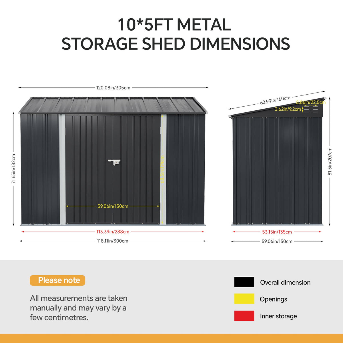 10 x 5 ft Metal Garden Storage Shed with Pent Roof & Double Doors