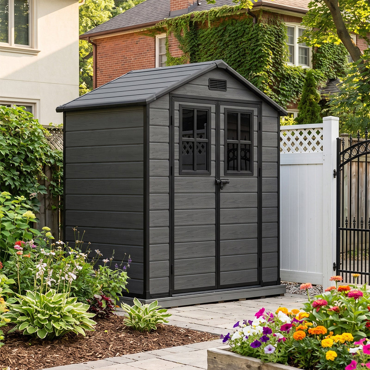6 x 4 ft Plastic Garden Shed with Apex Roof & Lockable Double Doors