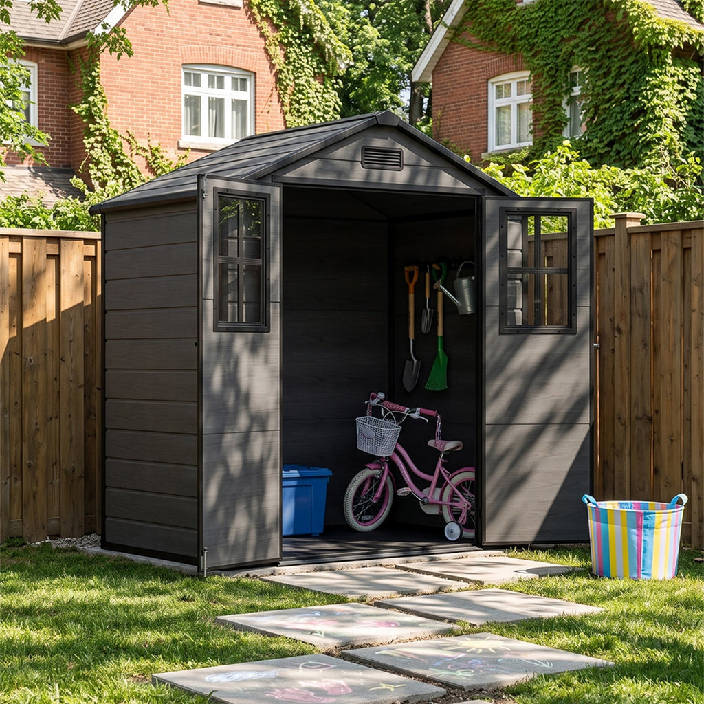 6 x 4 ft Plastic Garden Shed with Apex Roof & Lockable Double Doors