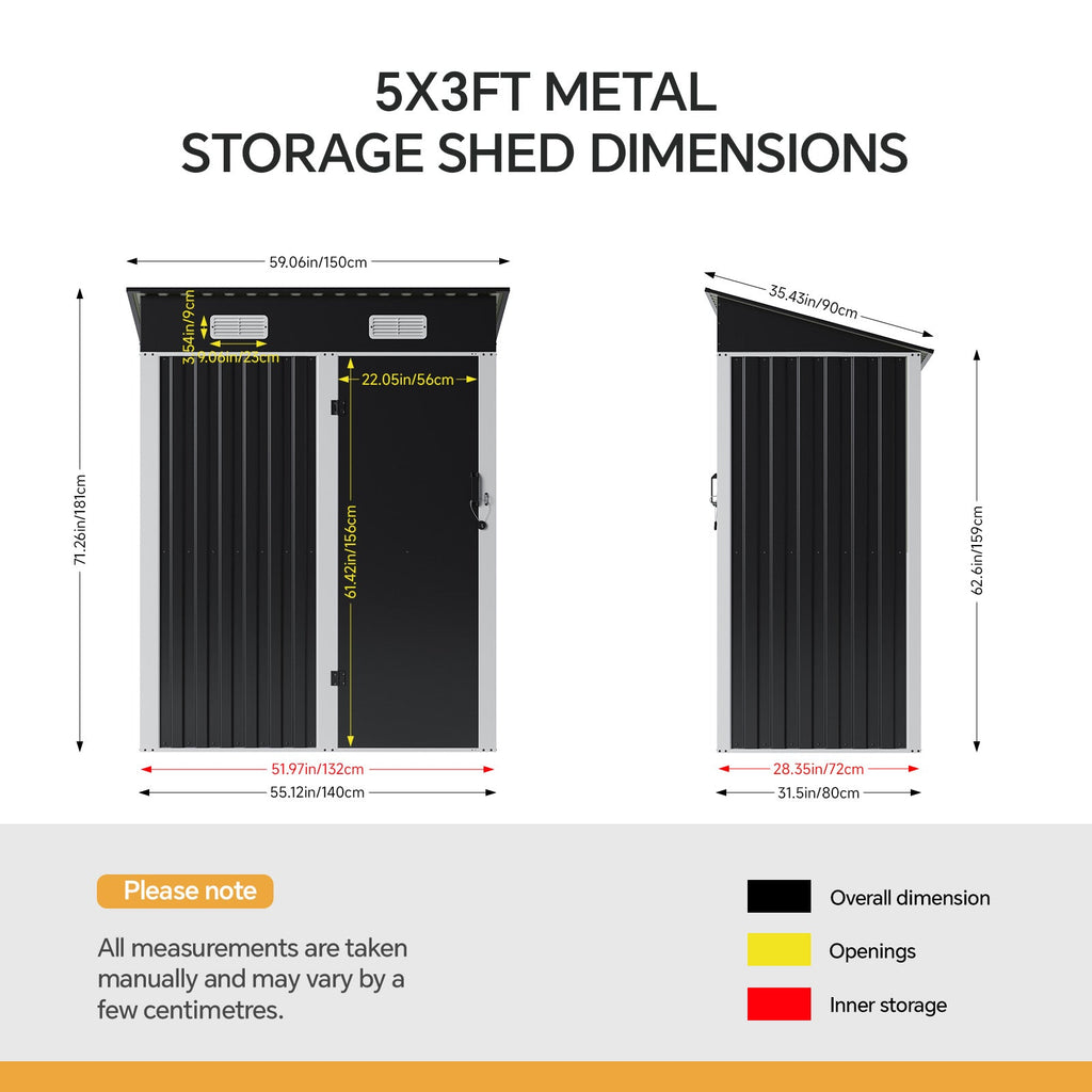 5 x 3 ft Metal Garden Storage Shed with Pent Roof & Lockable Door