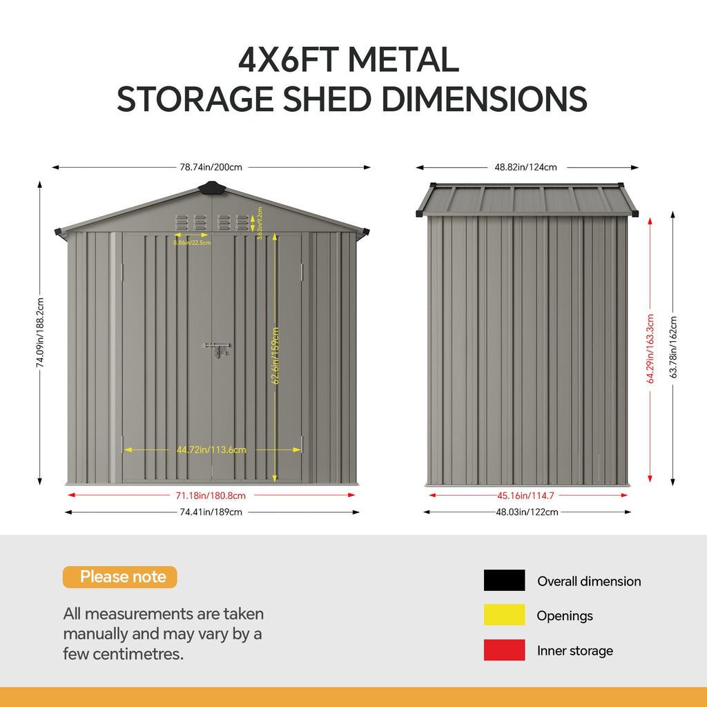 6 x 4 ft Metal Garden Storage Shed with Apex Roof & Double Doors