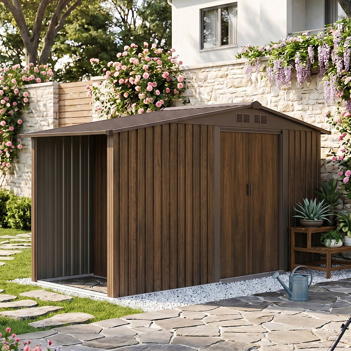 8 x 4 ft Metal Garden Storage Shed with Integrated Log Store & Apex Roof