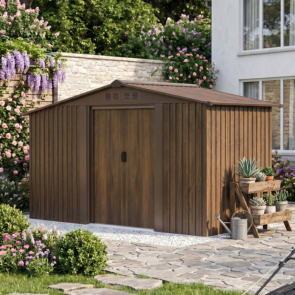 8 x 4 ft Metal Garden Storage Shed with Integrated Log Store & Apex Roof