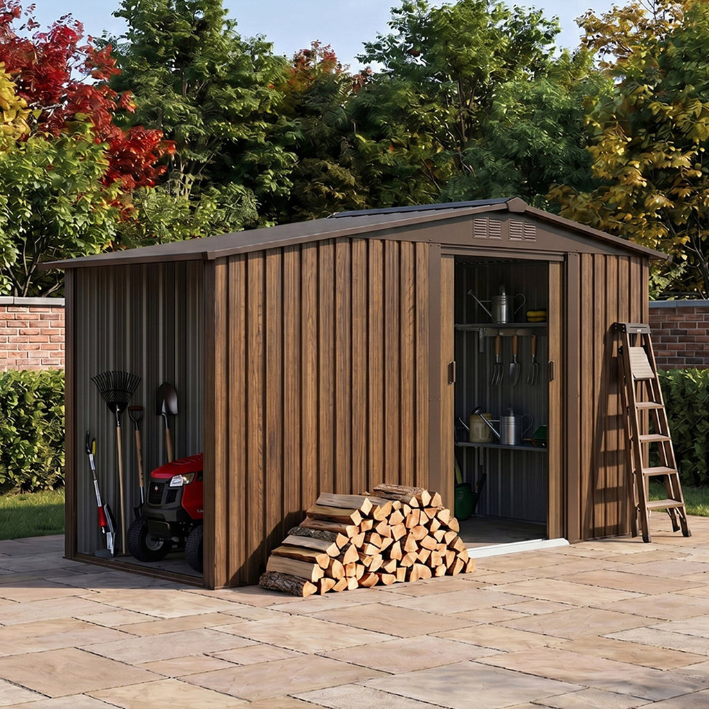 8 x 4 ft Metal Garden Storage Shed with Integrated Log Store & Apex Roof