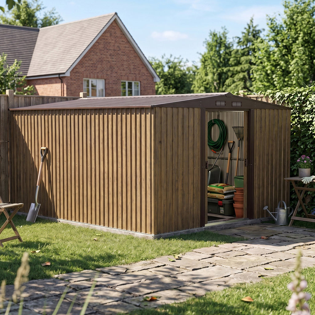 10 x 12 ft Metal Garden Storage Shed with Apex Roof & Sliding Door