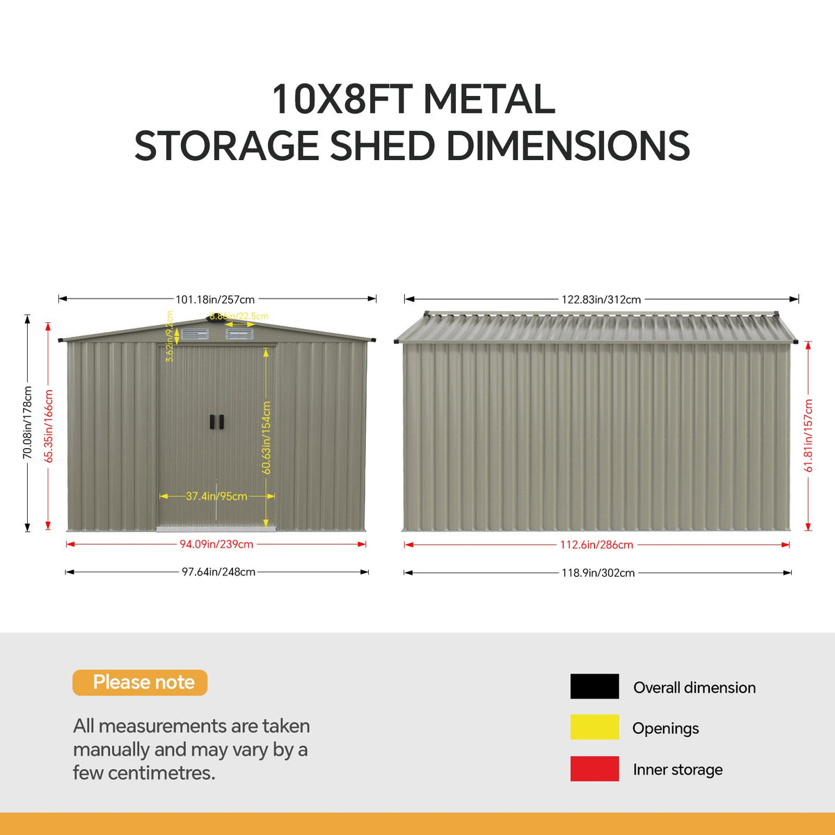 8 x 10 ft Metal Garden Storage Shed with Apex Roof