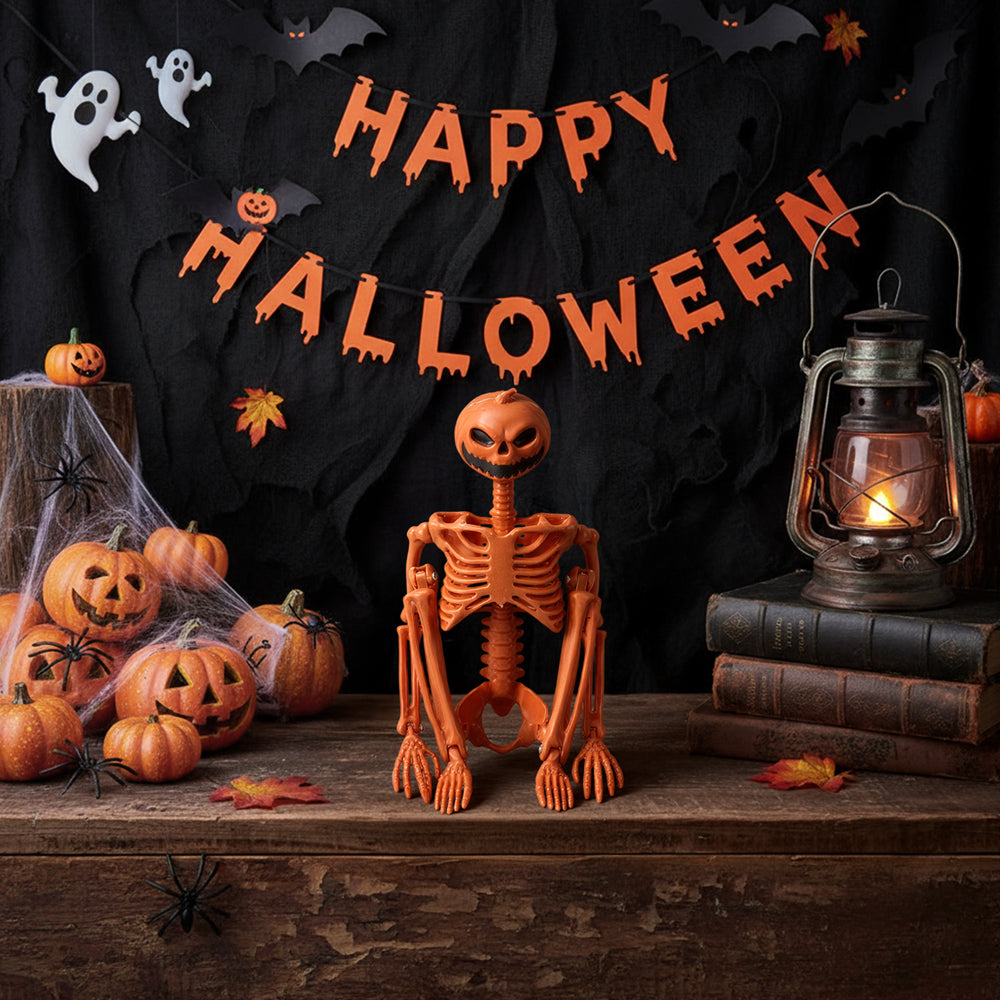 Posable Halloween Pumpkin Skeleton Decoration