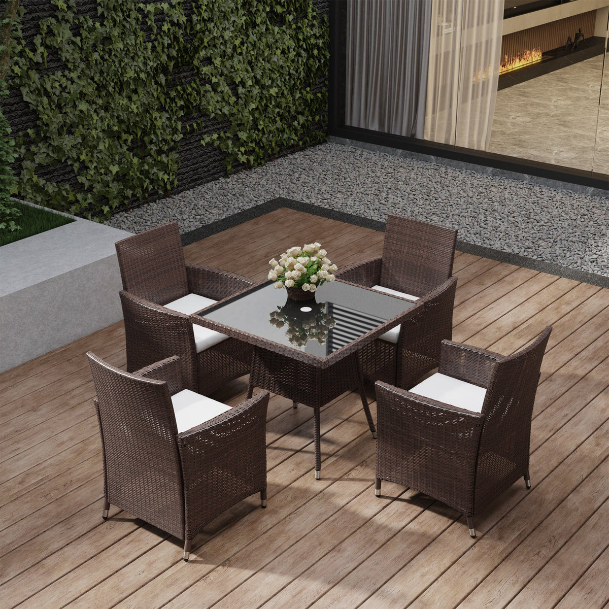 Brown Garden Tempered Glass Square Dining Table with Parasol Hole