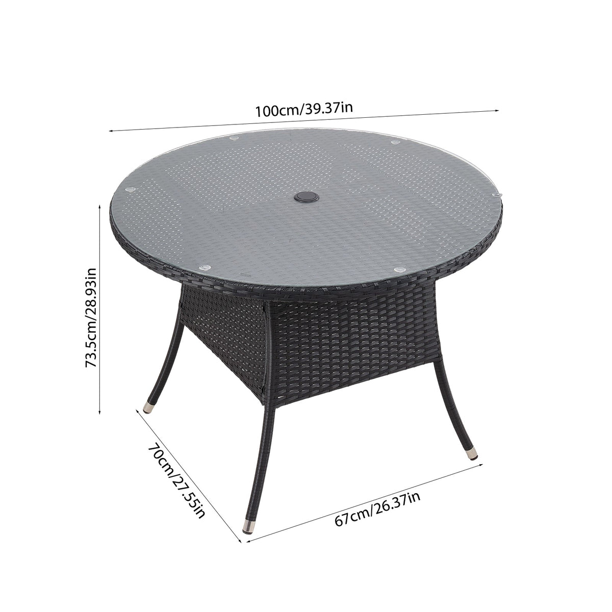 Garden Rattan Tempered Glass Top Round Table with Parasol Hole