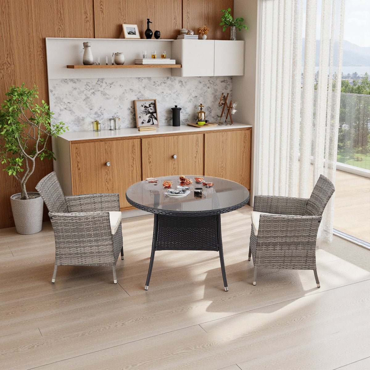 Garden Rattan Tempered Glass Top Round Table with Parasol Hole