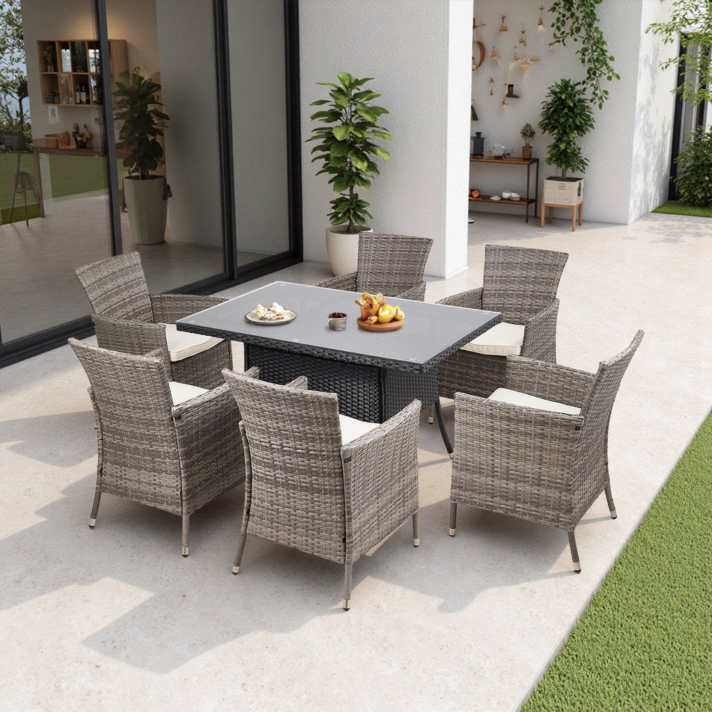 Garden Rattan Tempered Glass Top Rectangular Table with Parasol Hole