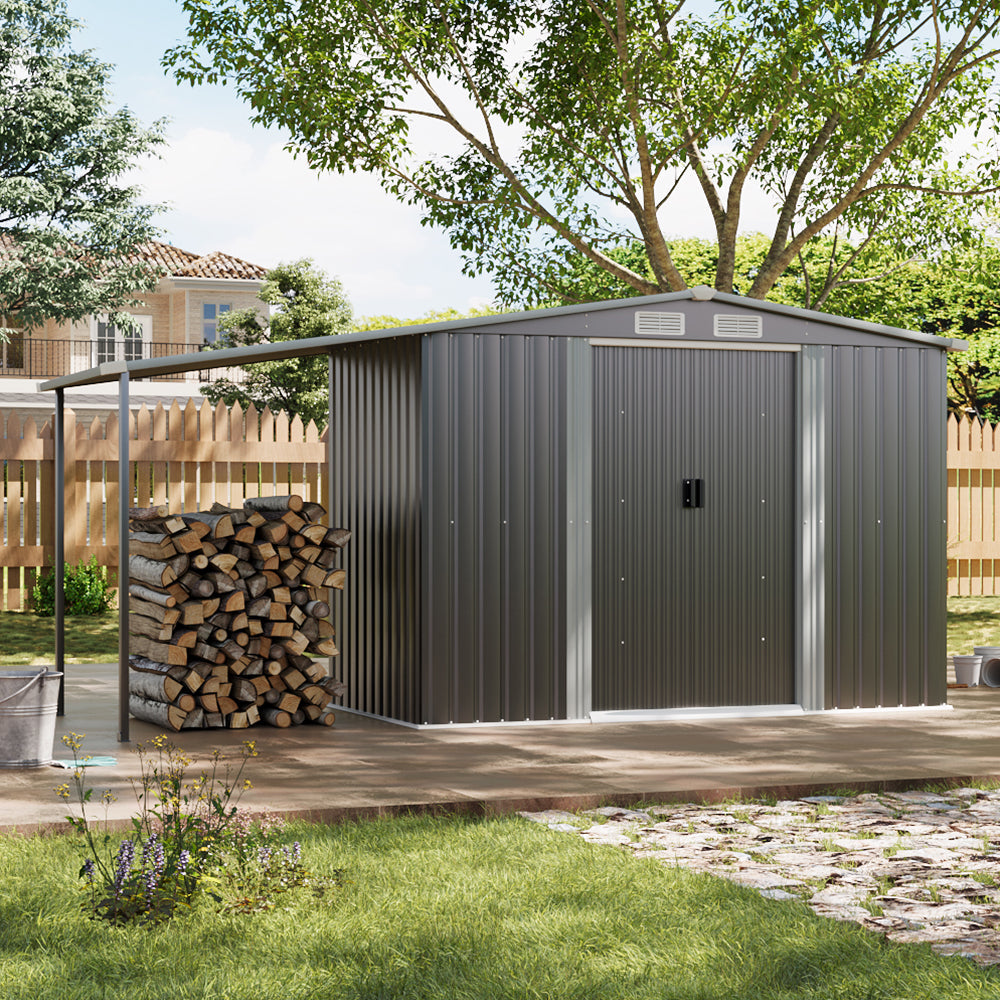 8 x 6 ft Metal Garden Storage Shed with Apex Roof & 4 ft Side Lean-to