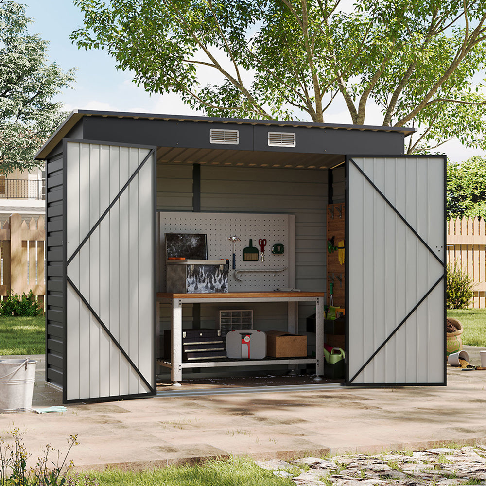 8 x 4 ft Metal Garden Storage Shed with Pent Roof & Lockable Double Doors