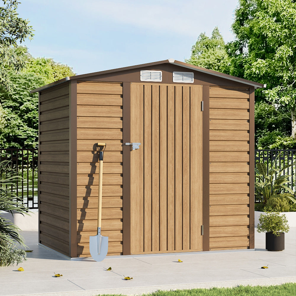 6 x 4 ft Wood Effect Galvanised Steel Garden Storage Shed with Apex Roof