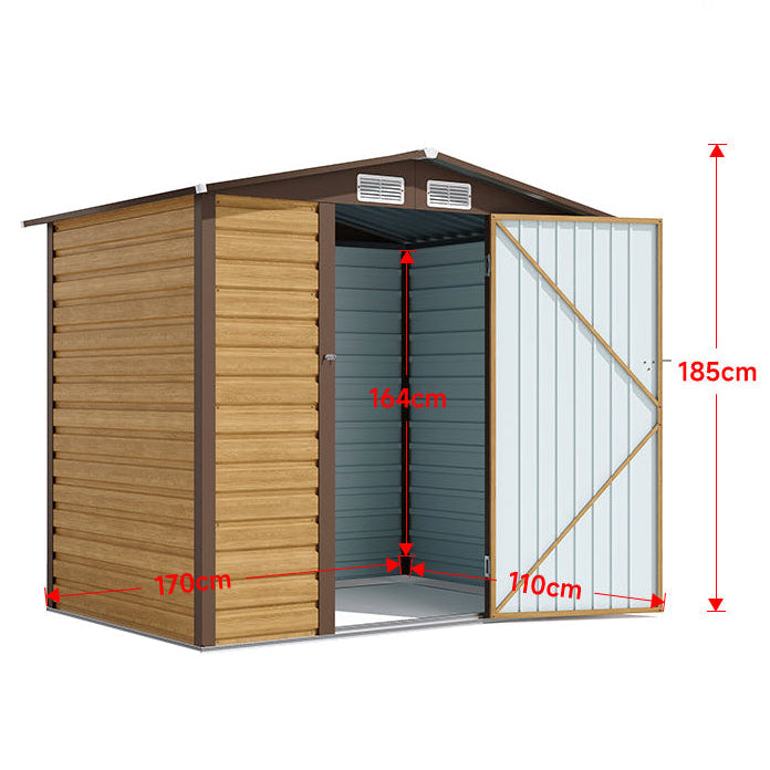 6 x 4 ft Wood Effect Galvanised Steel Garden Storage Shed with Apex Roof