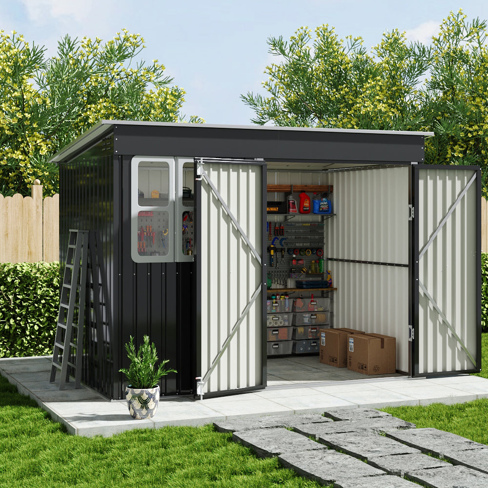 9 x 6 ft Metal Garden Storage Shed with Pent Roof & Double Doors