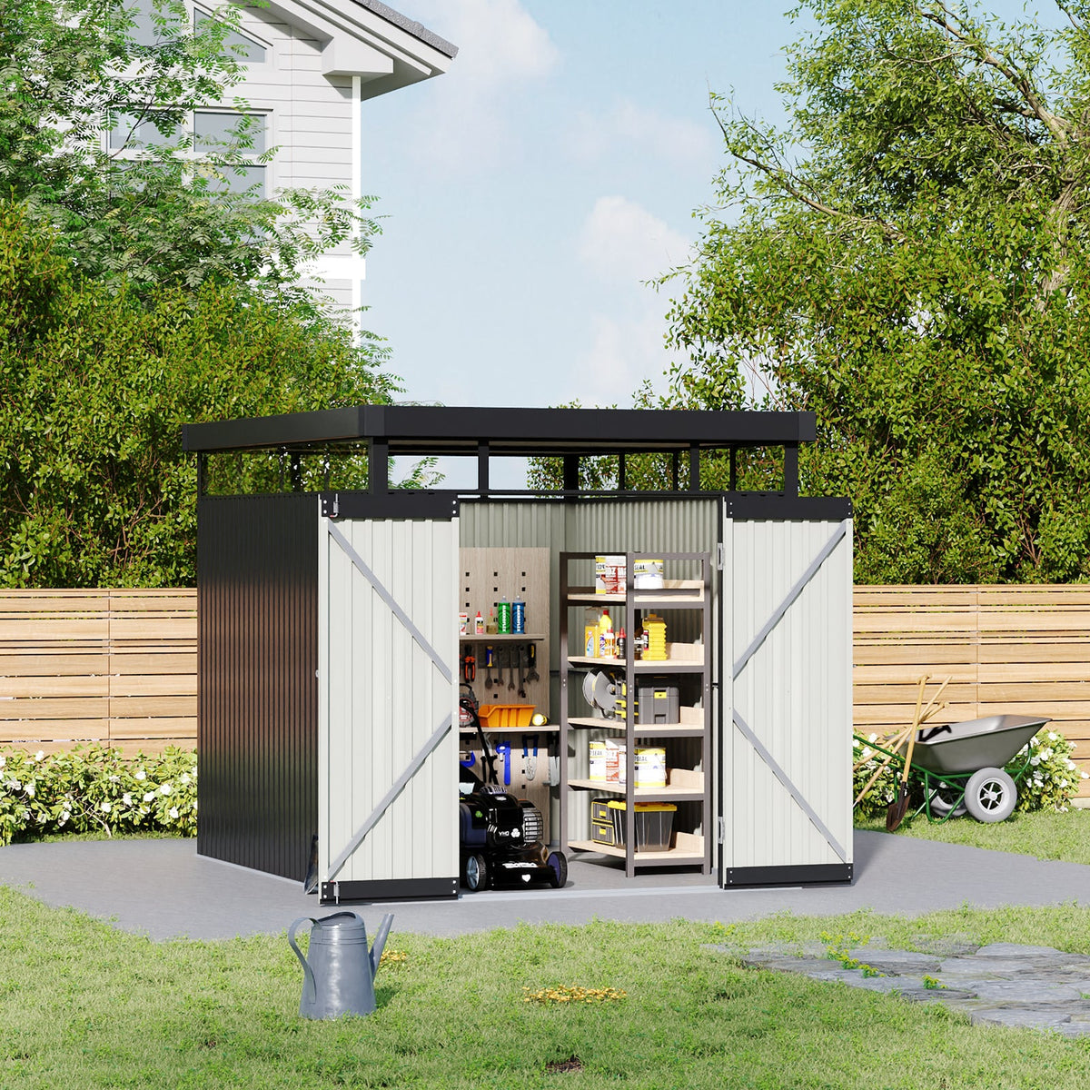 6.5 x 8.5 ft Metal Garden Storage Shed with Flat Roof & Double Doors
