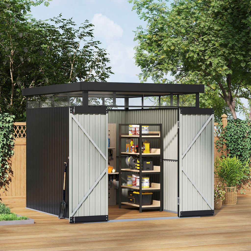 6.5 x 8.5 ft Metal Garden Storage Shed with Flat Roof & Double Doors