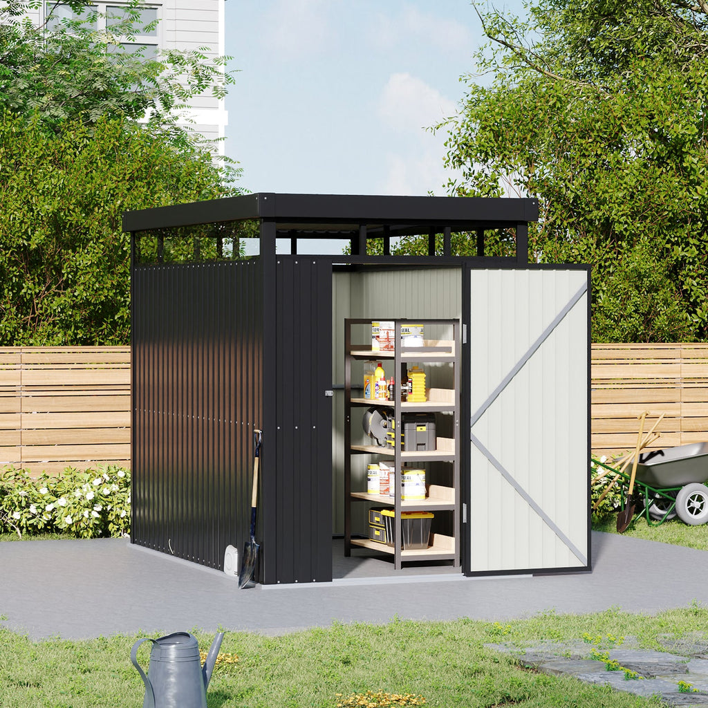 162cm Wide Metal Garden Storage Shed with Flat Roof & Lockable Door