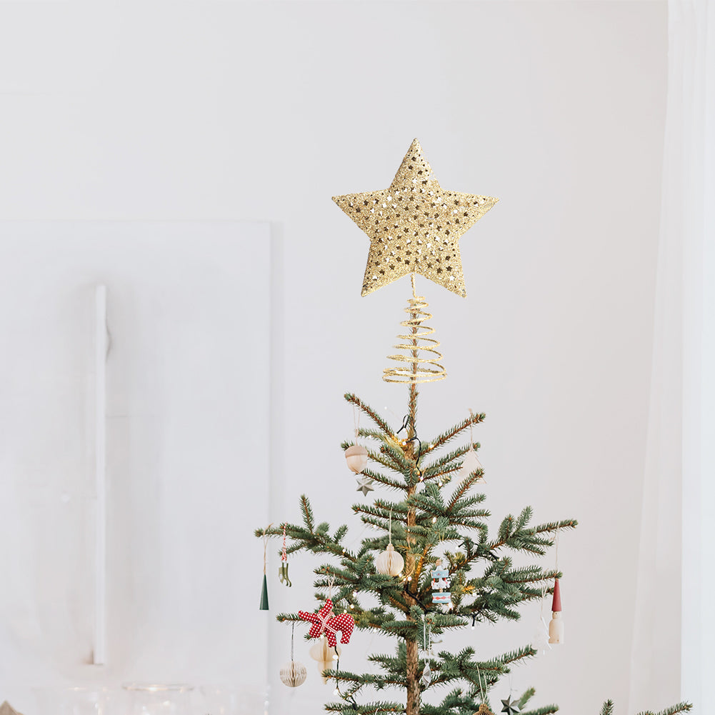 Christmas Tree Star Topper Golden Glitter Ornaments Home Party Decor