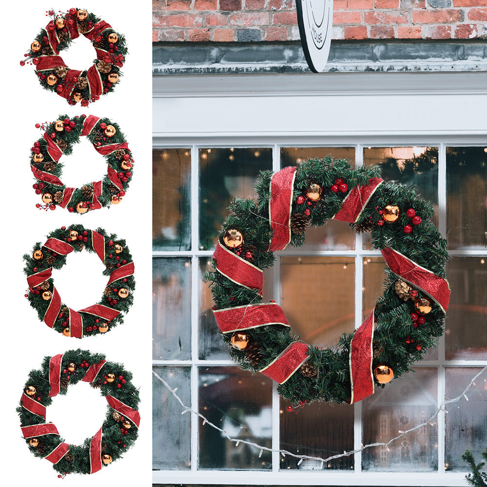 Red Ribbon Lighted Wreath Hanging Xmas Decor