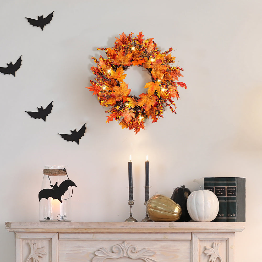 Lighted Maple Leaves Rattan Wreath with Berries Autumn Decor