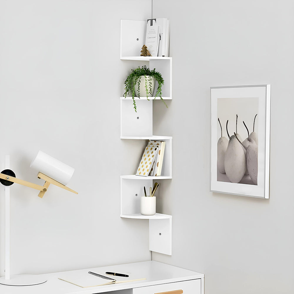 Wooden Zigzag Floating Corner Shelves 5-Tier White