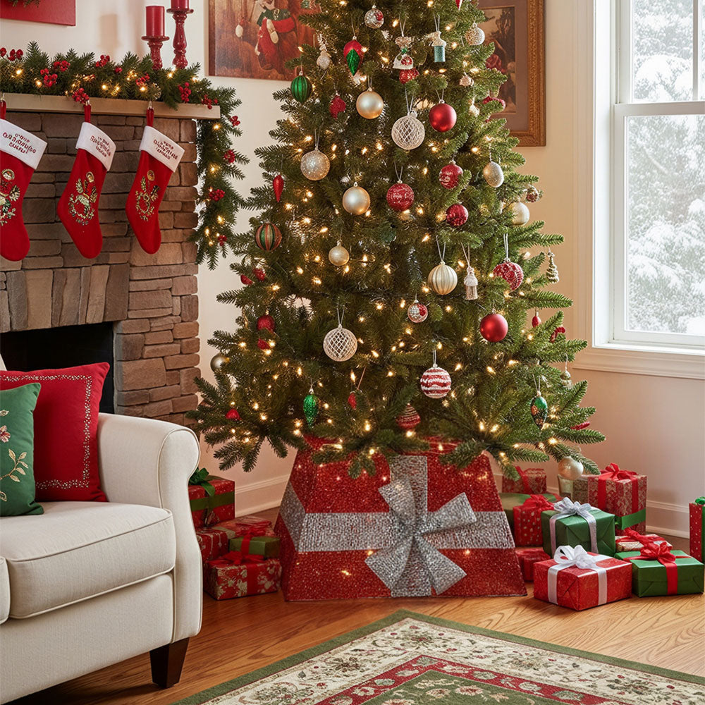Square Christmas Tree Collar Basket Decor with Bow Tie