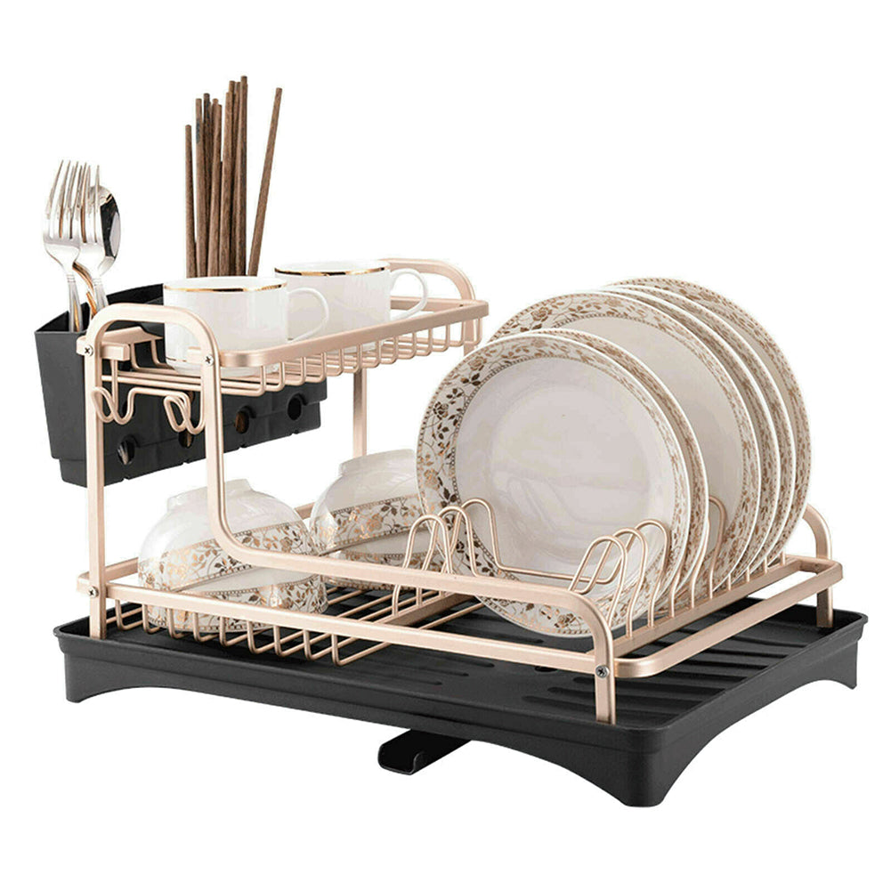 Dish Rack 2 Tiers Dish Drying Drainer with Drying Board Rose Gold
