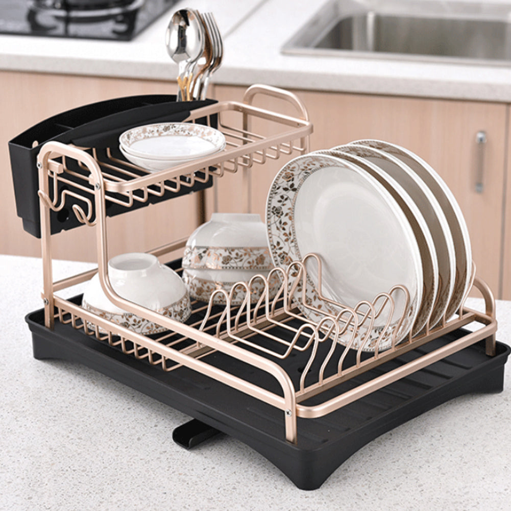 Dish Rack 2 Tiers Dish Drying Drainer with Drying Board Rose Gold