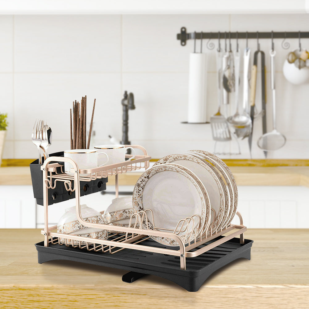 Dish Rack 2 Tiers Dish Drying Drainer with Drying Board Rose Gold
