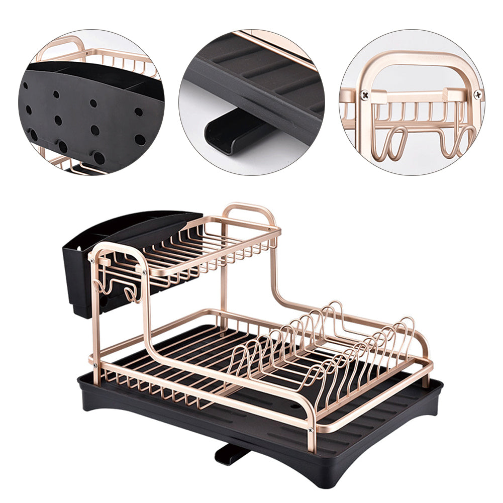 Dish Rack 2 Tiers Dish Drying Drainer with Drying Board Rose Gold