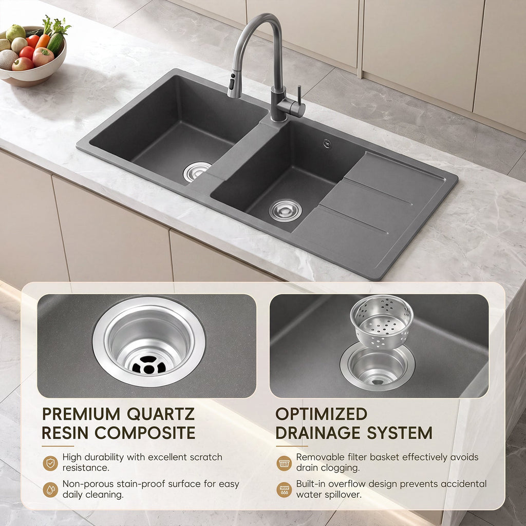 Double Bowl Quartz Resin Composite Kitchen Sink with Waste Kit