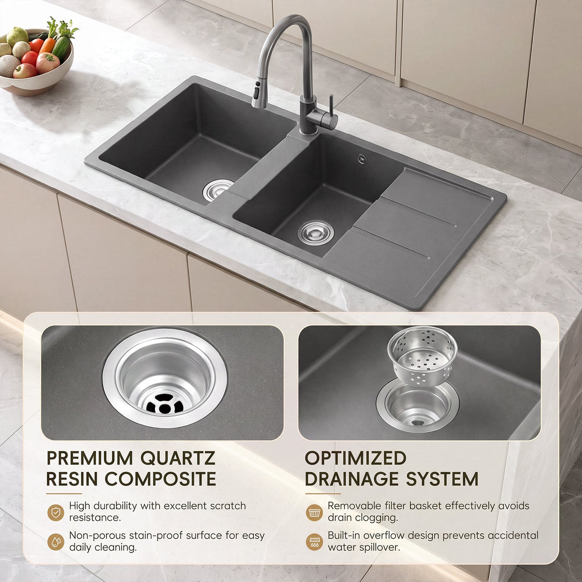 Double Bowl Quartz Resin Composite Kitchen Sink with Waste Kit