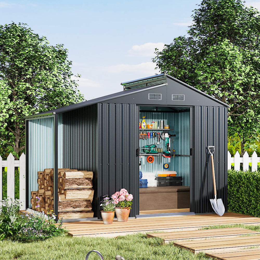 Galvanised Steel Garden Storage Shed with Apex Roof & Side Lean-to