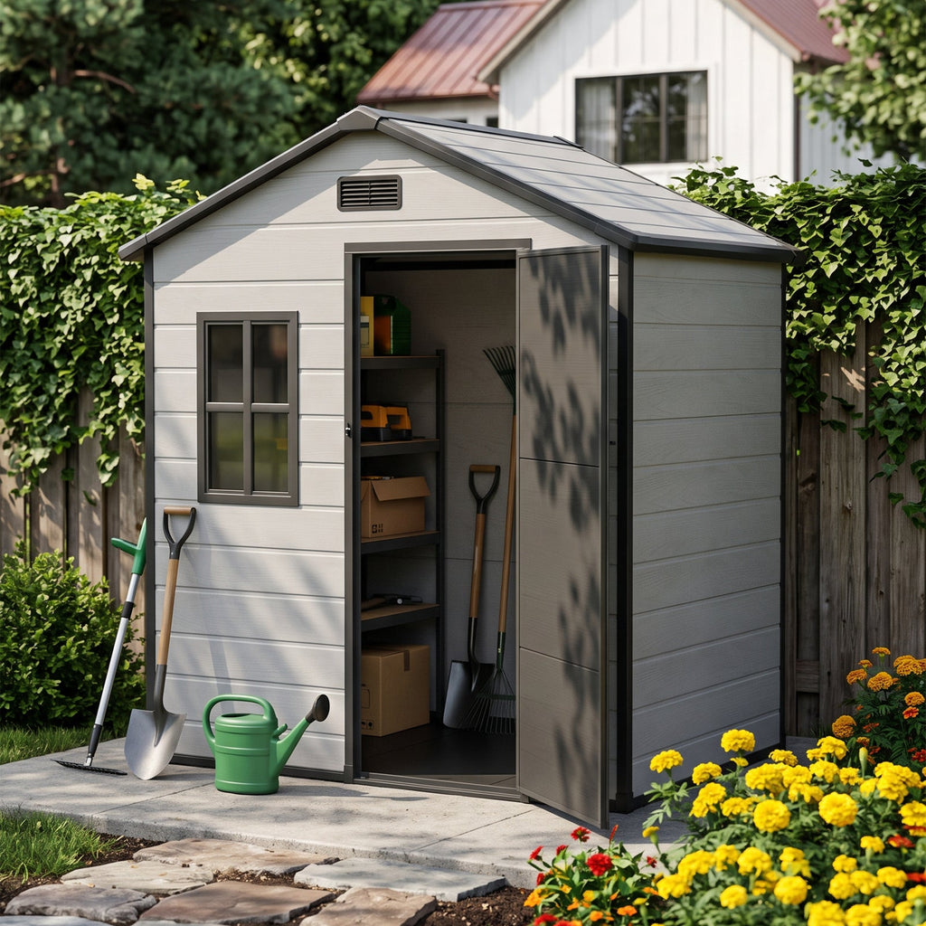 6 x 4 ft Plastic Garden Storage Shed with Apex Roof & Lockable Door