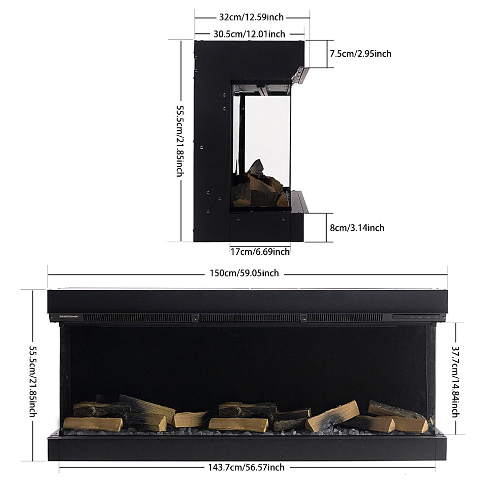 60/70 Inch 3-Sided Smart Electric Fireplace