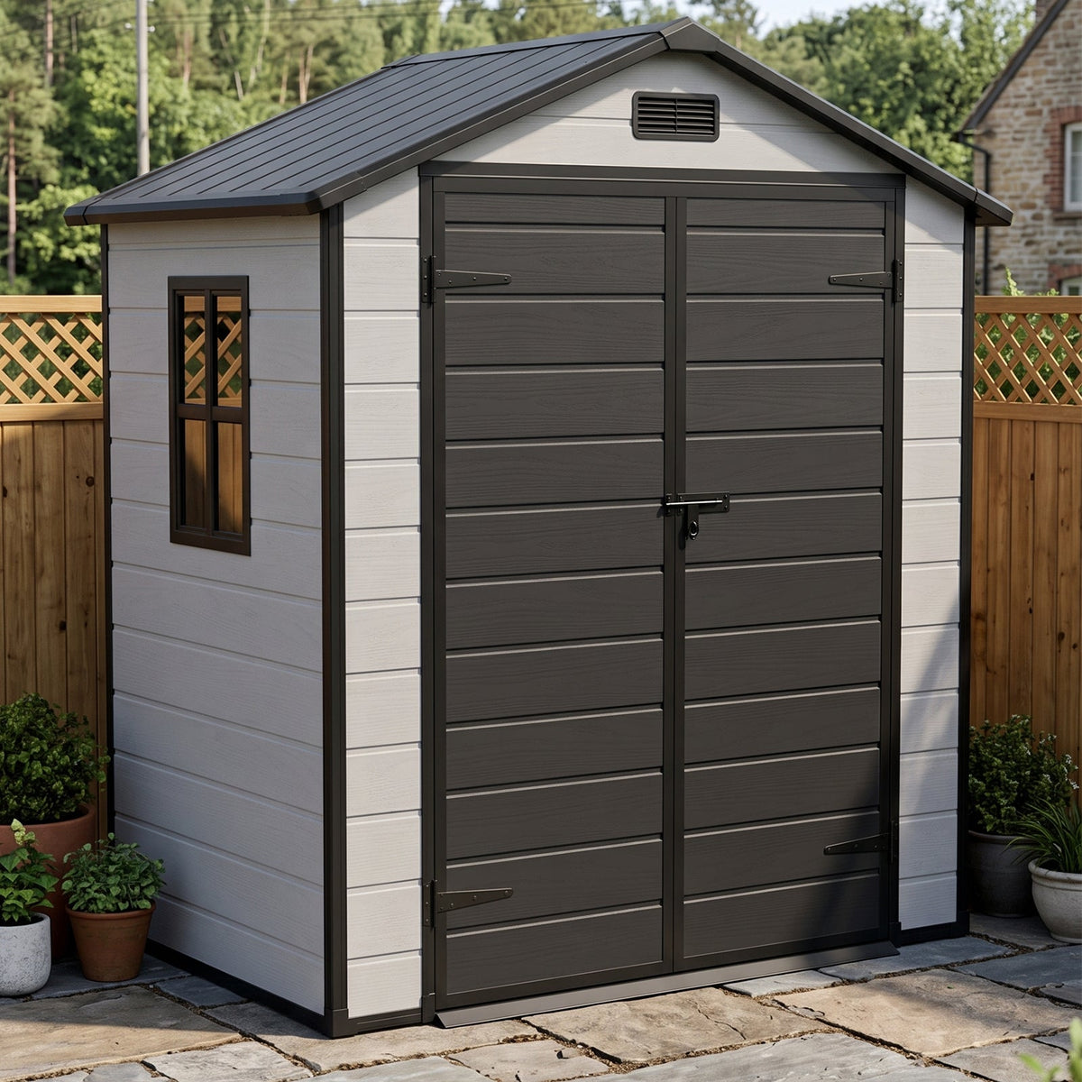 6 x 4 ft Plastic Garden Storage Shed with Apex Roof & Padlockable Double Doors
