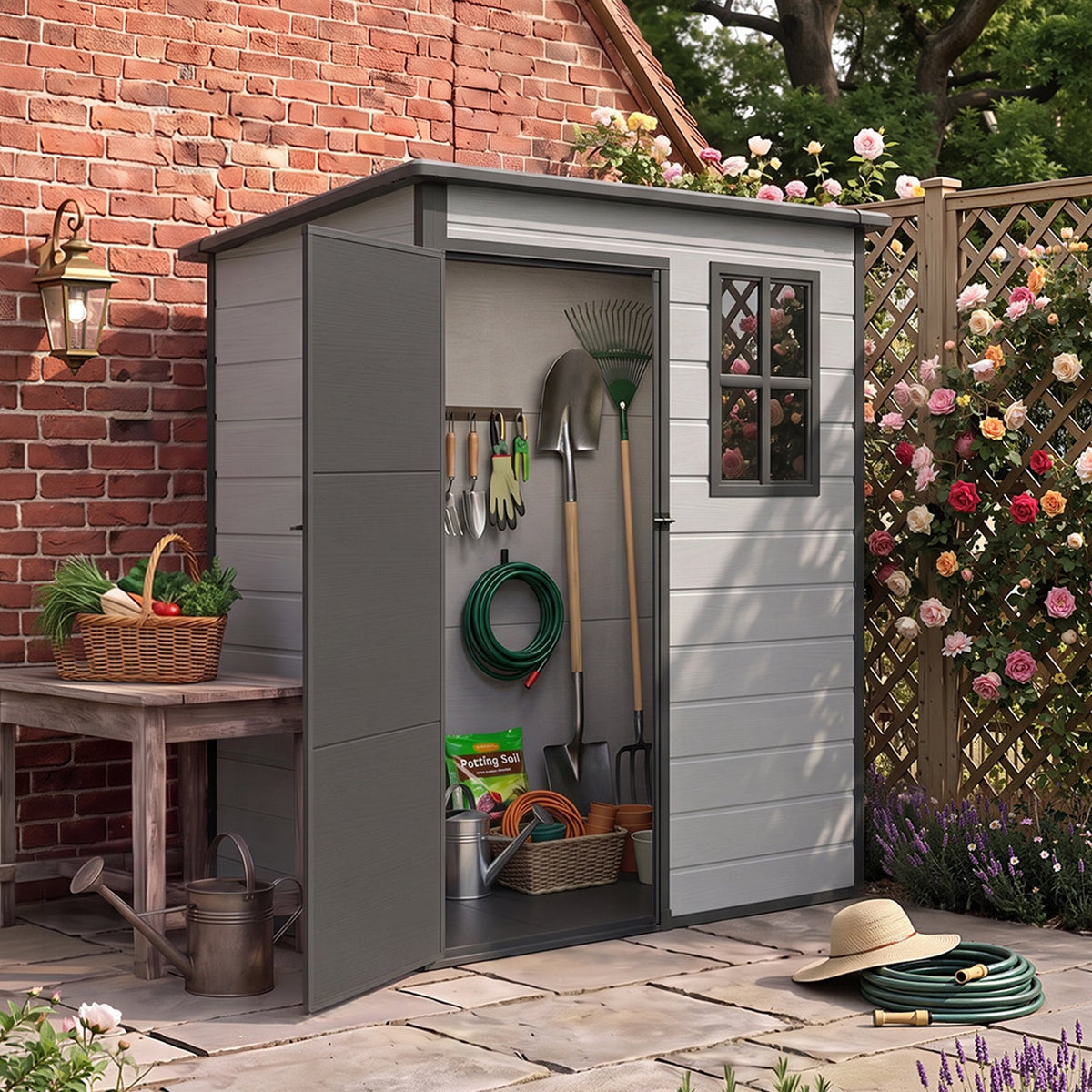 5 x 3 ft Plastic Garden Storage Shed with Pent Roof & Lockable Door