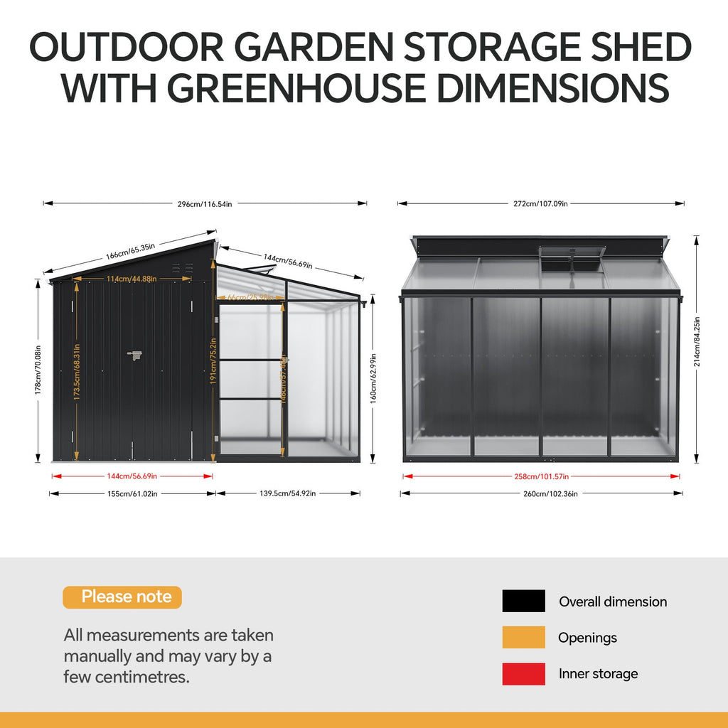 Garden Storage Shed with Integrated Lean-to Greenhouse & Double Doors