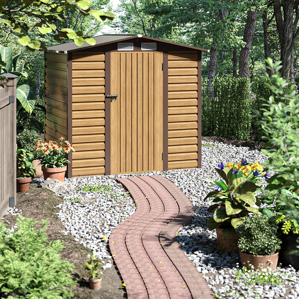 6 x 4 ft Wood Effect Galvanised Steel Garden Storage Shed with Apex Roof