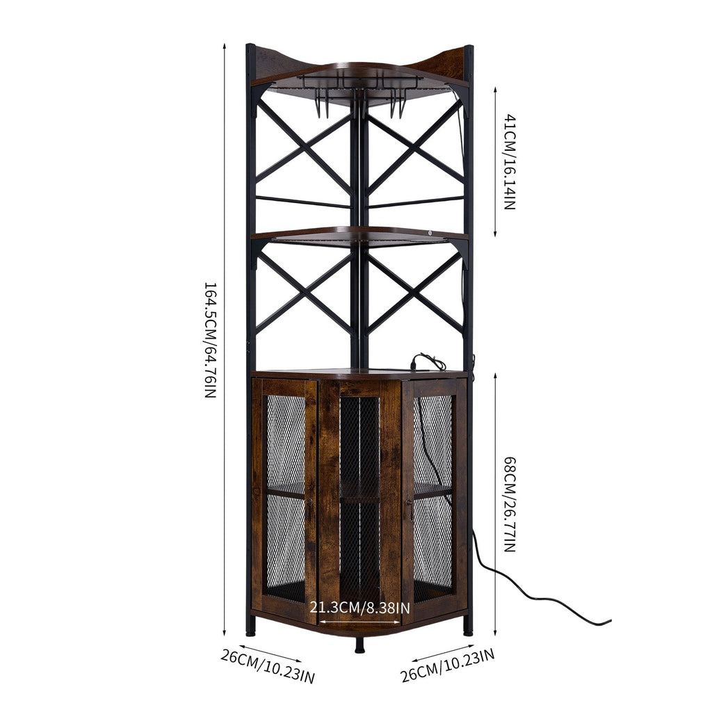 5-Tier Corner Bar Cabinet with Built-in Power Outlet and LED Lights