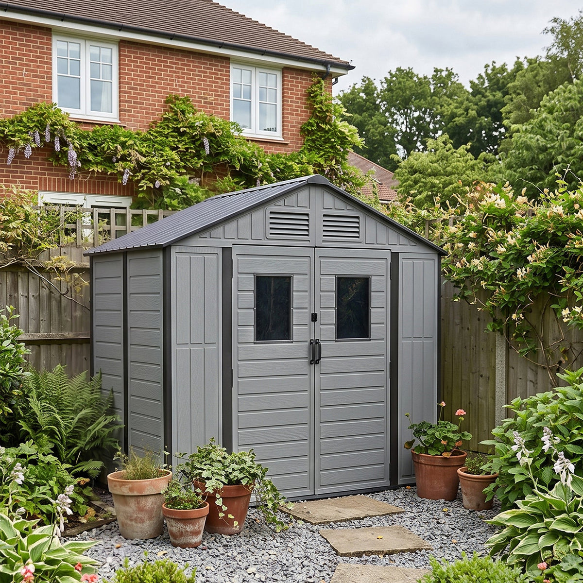 8 x 4 ft Plastic Garden Storage Shed with Apex Roof & Double Doors